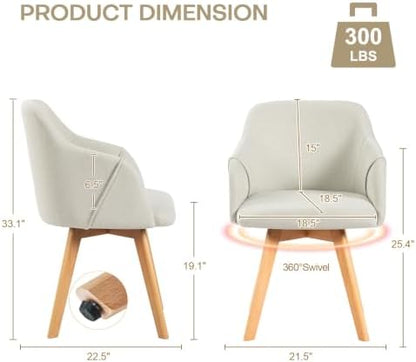 Swivel Dining Chairs Set of 6 with Arms and Wood Legs, Beige | Beech Wood Frame, Linen Fabric Upholstered Kitchen Chairs, Mid Century Modern, 18.5" Widen Seat, For Dining Room, Living Room