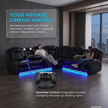 A Ainehome Power Furniture Reclining Sectional Sofa Set, Living Room Power Recliner Adjustable Sofa, Loveseat and Chair with USB Chargers/Storage Console for Living Room/Office(A-Black)