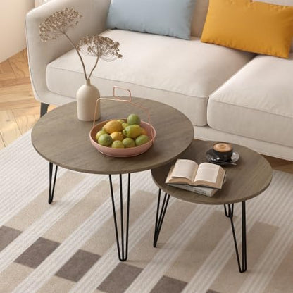 Round Nesting Coffee Tables Set of 2, Marble Grain Top Modern Side Tables | Modern Nesting Coffee Tables, Circular Marble Effect Tabletop Stackable End Tables, Hairpin Leg Side Table for Home Decor