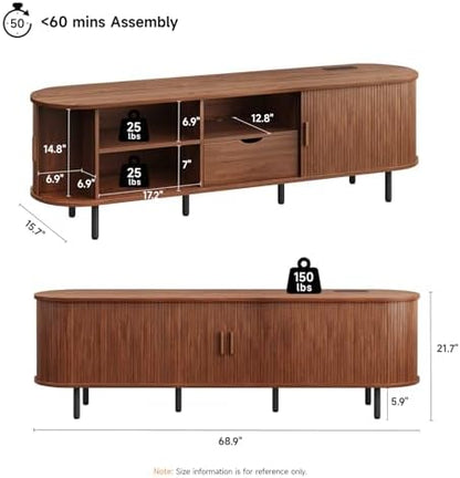 ONBRILL 69" TV Stand with Power Outlet for TVs up to 80", Walnut | Entertainment Center with Storage and Drawer TV Console w/ Adjustable Shelves & Sliding Door TV Stand for Living Room Bedroom
