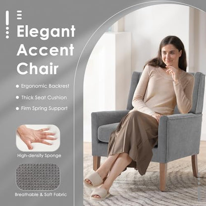 COLAMY Modern Wingback Living Room Chair Set of 2, Upholstered Fabric Accent Armchair, Single Sofa Chair with Lounge Seat and Wood Legs for Bedroom/Office/Reading Spaces, Gery