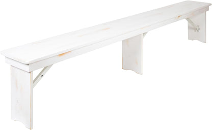 Flash Furniture Hercules Commercial Grade Farmhouse 3 Leg Bench - Solid Pine Foldable Bench with Seating for 4 - 8'x12" - Antique Rustic White