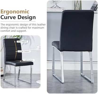 Modern Leather Dining Chairs, Set of 6 | Upholstered Padded Seats with Sturdy Metal Legs, Armless Kitchen & Dining Room Furniture for Home (Black, Set of 6)