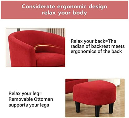 INZOY Modern Accent Chair with Ottoman for Small Space, Club Chair with Ottoman Set, Comfy Fabric Barrel Reading Chairs for Living Room Bedroom, Round Reading Chair with Foot Rest, Red