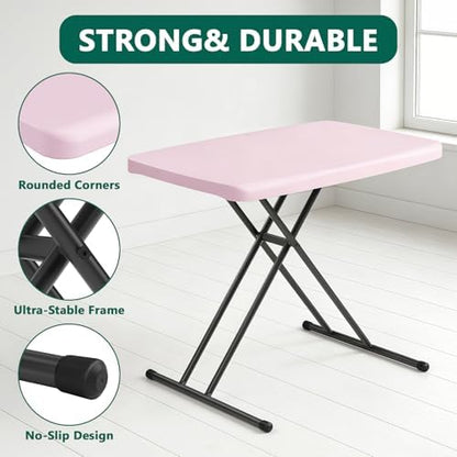 30 Inch Folding Table, Adjustable Height TV Tray for Small Spaces, Heavy Duty Foldable Utility Table for Laptop, Dining, Camping, No Assembly, 200 lbs Capacity, Pink Granite