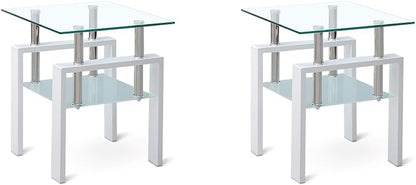 2pcs Modern Glass End Table - Two Tiered Clear Nightstand, Square Tempered Glass Tables with White Metal Frame for Living Room or Bedroom, Set of 2 17.72"x17.72"x20.47"H