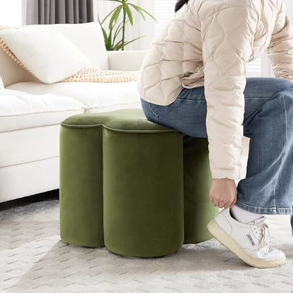 Zesthouse Flower Pouf Ottoman Foot Rest, Velvet Fabric Poofy Ottoman Stool | Large Ottoman Footstool for Couch, Modern Living Room Stool Seat, Cute Square Vanity Stool for Bedroom Dorm Green Footstool