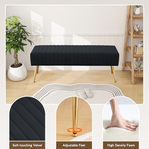 Furnimart 44 Inch Bedroom Ottoman Bench, Black Upholstered End of Bed Bench with Gold Legs for Living Room Bedroom Dinning Room Entryway, Black