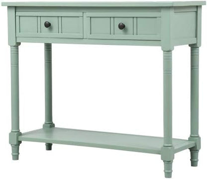 Bellemave Console Table with 2 Drawers & Bottom Shelf, Retro Entryway Table with Storage & Turned Roman Legs, Solid Wood Sofa Tables for Entrance, Hallway, Living Room (Green/35)