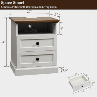 24.5" Farmhouse Night Stand Bedside Table with 3 Drawer for Bedroom | Set of 2 Wood Nightstand End Table with Open Shelf Outlet and USB for Bedroom, Closet, Antique White