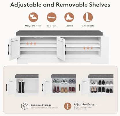 Farmhouse Shoe Storage Bench with 3-in-1 Entryway Storage & Padded Seat | 47.3" Wide Entryway Bench with Adjustable Shelves, Shoe Organizer & Side Storage Rack for Living Room, Bedroom, White
