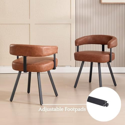 LukeAlon PU Leather Dining Chairs Set of 4, Simple Upholstered Side Chair with Padded Open Barrel Back Modern Guest Chair with Black Metal Legs for Kitchen Dining Room, Brown