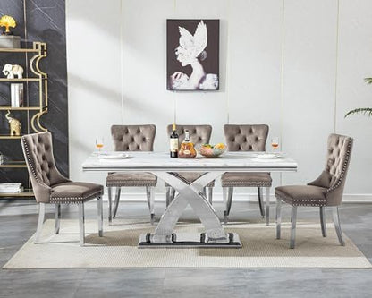 7 Piece Dining Table Set with Chairs, Faux Marble Dining Table and Gray Chair Set for 6, White Silver Dining Room Table Set with X-Shape Stainless Steel Base, Morden Kitchen Table and Chairs for 6