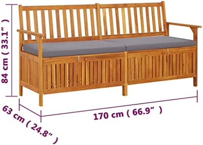 67 Inch Outdoor Storage Bench with Cushion, Solid Acacia Wood Black and Brown Patio Seat for Three, Modern Garden Storage Box for Cushions and Tools