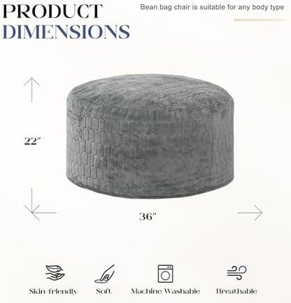 Hobestluk Large Bean Bag Chairs 3FT Big Adults BeanBag Chairs Plush Cover | Memory Foam,Washable Cover,Unique Fluffy Plush,Comfy Filled Adults Bean Bag Gaming Reading Bedroom Dorm Room | Light Grey 3FT