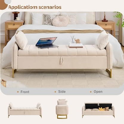 66" End of Bed Storage Bench King Size, Storage Benches for Bedroom, Beige | Velvet Foot of Bed Bech, Upholstered Storage Ottoman Benches with Golden Legs, Pillows and Side Pockets for Window, Entryway