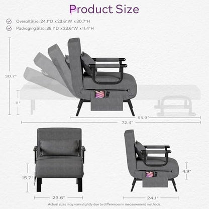 TYBOATLE Sleep Chair Bed Set of 2, Comfy Convertible Sleeper Chairs for Adults, Folding Sofa Bed with Adjustable Backrest & Side Pockets & Pillow, Cozy Small Couch for Small Spaces, Office (Dark Grey)