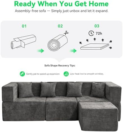 MONVANE L Shaped Sectional Couch Oversized, Chenille, Gray | 4-Seat Sectional Couch for Living Room, Modular Cloud Sofa with Ottoman & 4 Throw Pillows, No Assembly Required
