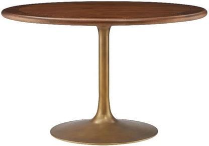 Modway Lippa 48 Inch Round Wood Dining Table with Metal Pedestal in Brass Walnut - Modern Industrial Dining Table for 4 People - Solid Wood Tulip Kitchen Table