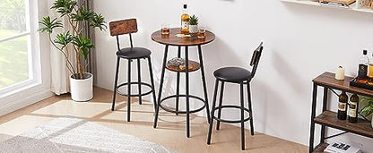 23.6" 3 Piece Round Bar Table and Chair Set with Shelf Rustic Brown | Rustic Brown Particleboard And Black Steel Frame With Integrated Middle Storage Shelf For Small Spaces