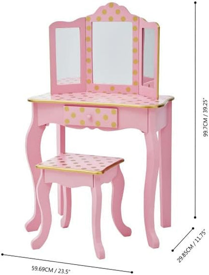Teamson Kids Pretend Play Kids Vanity, Table & Chair Vanity Set with Mirror, Girls Makeup Dressing Table with Storage Drawer & Polka Dot Print, Gisele Collection, Pink/Gold