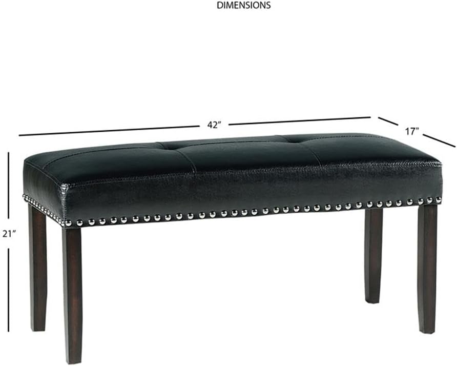 Pemberly Row Modern Transitional Dining Bench, 42" W x 17" D x 21" H, Hardwood Solids with Ebony Finish, Black Faux Leather Upholstery, Tufted Seat, Nail Head Trim, Kitchen or Dining Room Seating