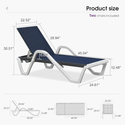 PURPLE LEAF Lounge Chair Outdoor Set of 2 w/Armrest for Poolside Navy Blue | Quick & Easy Assembly, Quick-dry Mesh Keeps You Cool, UV-proof Weave Keeps Color Vivid, Rustproof Frame Lasts Years
