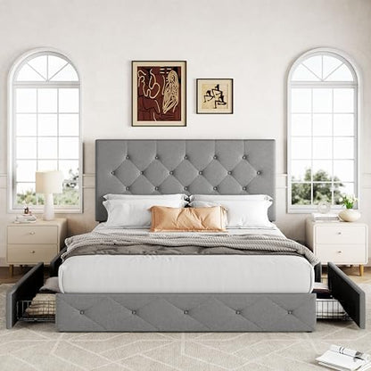 Allewie Full Size Storage Bed Frame with 4 Underbed Drawers, Light Grey