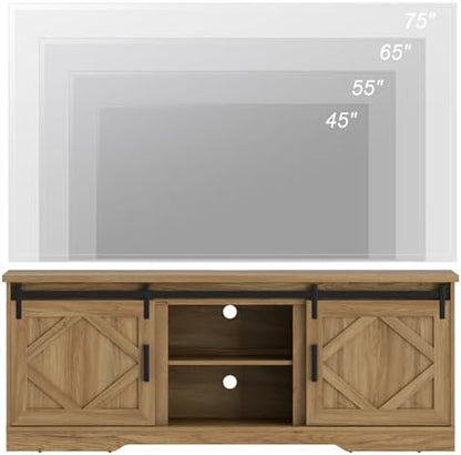 WAMPAT Farmhouse Style TV Stand for 60-75 inch TV w/Distressed Wood Finish | 66.1"L*15.4D"*25.6"H, TV Cabinet with Cable Management,Sliding Barn Door,Adjustable Media Shelf,Hidden Storage Space