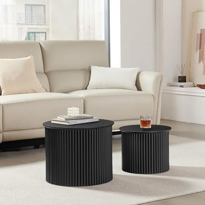AVZEAR Round Nesting Coffee Table Set of 2, Small Fluted Coffee Table Circle Side Table, Mid Century Modern Wood Nesting Tables Farmhouse End Table Set for Living Room, Bedroom, Small Spaces(Black)