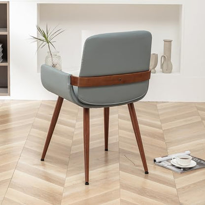 LUNLING Mid Century Modern Dining Room Chairs Set of 2 Accent Faux Leather Chair Bentwood Frame with Armrest,Upholstered Seat,Metal Legs Chair,Adjustable Foot for Kitchen Room Desk Chairs(Blue)