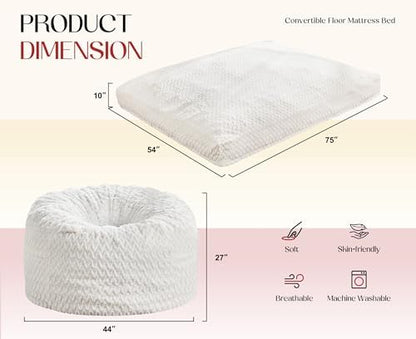 Hobestluk Bean Bag Chair Convertible 3 in 1 Beanbag Washable Giant Adult | Large,Memory Foam Filling,Plush Lounge,Bean Bag Bed ,Removable Cover,Living Room Bedroom Dorm,Sleeping ,Full,White