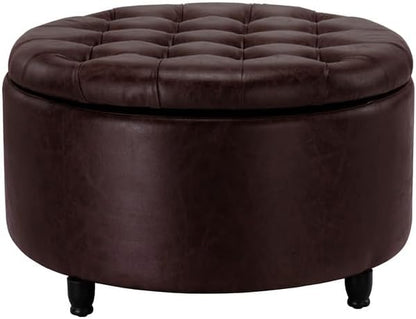 Niche Knight 28-Inch Large Round Pintucked Storage Ottoman with Lift-Off Lid, Tufted Faux Leather Accent Footrest for Living Room, Bedroom, Entryway, Hidden Storage – Brown Faux Leather
