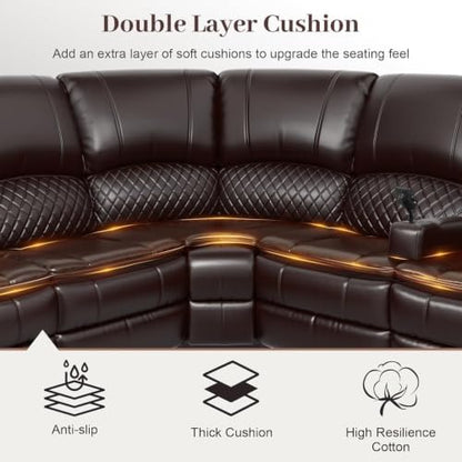 Upgraded 5 Seater Reclining Sofa Set, Modern Living Room Couch (Pu,Brown) | Home Theater Seating with Removable Console, Recliner Sectional Couch with Storage, Reclining Sectional Couch Set with USB