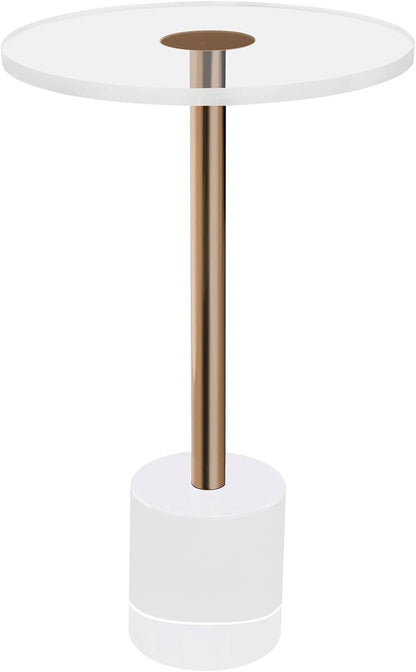 Modern Side Table with Cylindrical Base, Clear Acrylic End Table, Brushed Brass Metal Side Table for Office Living Room and Bedroom (Medium Round Base)