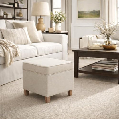 Homepop Home Decor | K7342-F2067 | Classic Square Storage Ottoman with Lift Off Lid | Ottoman with Storage for Living Room & Bedroom, Cream Woven