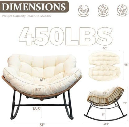 FINCATI 2 PCS Outdoor Rocking Chair, Oversized Papasan Rocking Chair | 450 Lbs Capacity, Large Size, PE Wicker Egg Rocker with Beige Thick Cushion, Cozy Padded Lounge Chair for Porch Garden