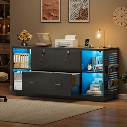 SEDETA 55" File Cabinet with Lock, Large 3 Drawers Filing Cabinets for Home Office, Lockable Printer Stand with Storage, Power Strip, LED Light & Pegboard, Black