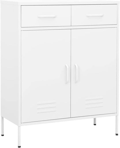 White Steel Cabinet 31.5x13.8x40 in, 2-Door Pantry w/ 2 Drawers, Adjustable Shelf, 220 lb Load for Bath/Kitchen/Garage