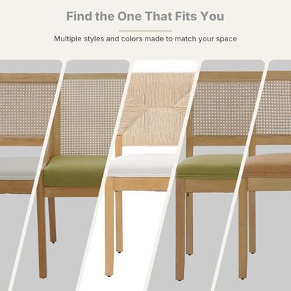 Boho Mid Century Modern Dining Chairs Set of 6, Rattan Dinning Chair with a Square Back, Warm Beige Cane Dining Chair, Linen Upholstered Kitchen and Dining Room Chairs, Sillas para Comedor