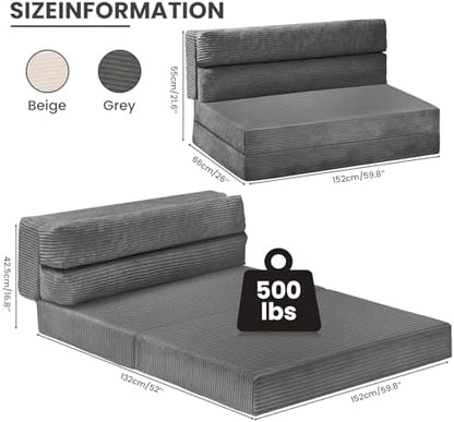 JUIKURY Folding Sofa Bed, Convertible Sleeper Chair with Pilow Foldable Matress, 2 in 1 Pull Out Loveseat Sofa Portable Fold Out Chair Bed Floor Couch Lounge for Living Room Bedroom (Grey, Queen)