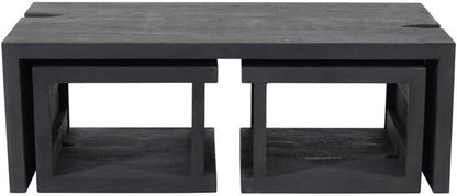 Pemberly Row 3-Piece Cocktail Table Set, Reclaimed Solid Wood, Ebony Gray Finish, Includes 1 Coffee Table and 2 End Tables, Mid-Century Modern Style, Unique Carvings for Living Room Decor