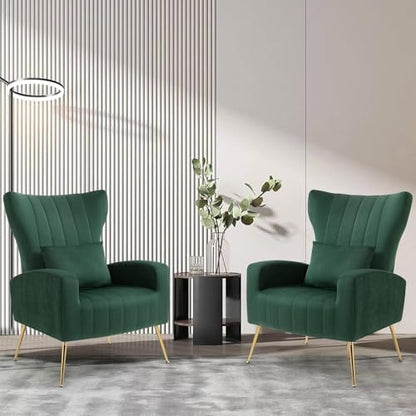 Modern Accent Chairs Set of 2, Wingback Chair with Arm & Gold Legs, Living Room Bedroom Side Chair with Lumbar Pillow, Velvet Upholstered, Channel Tufted, Green