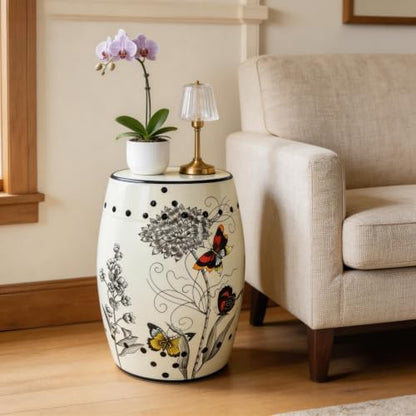 Hand-Painted Floral Bird Ceramic Drum Stool - Oriental Artistry Storage Ottoman, Accent Seat, End Table (The Butterfly‘s Floral Dance)