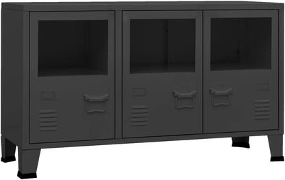 Industrial Metal and Glass Sideboard with Fixed Shelves, Modern Storage Cabinet for Dining Room Living Area, Black Rectangular Design, Durable Construction, Matte Finish,
