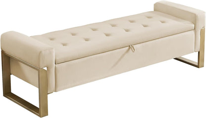 End of Bed Storage Bench, 67'' Bench for Bedroom Foot of Bed King Size, Modern Velvet Storage Ottoman Benches with Gold Legs for Windows Living Room, Beige