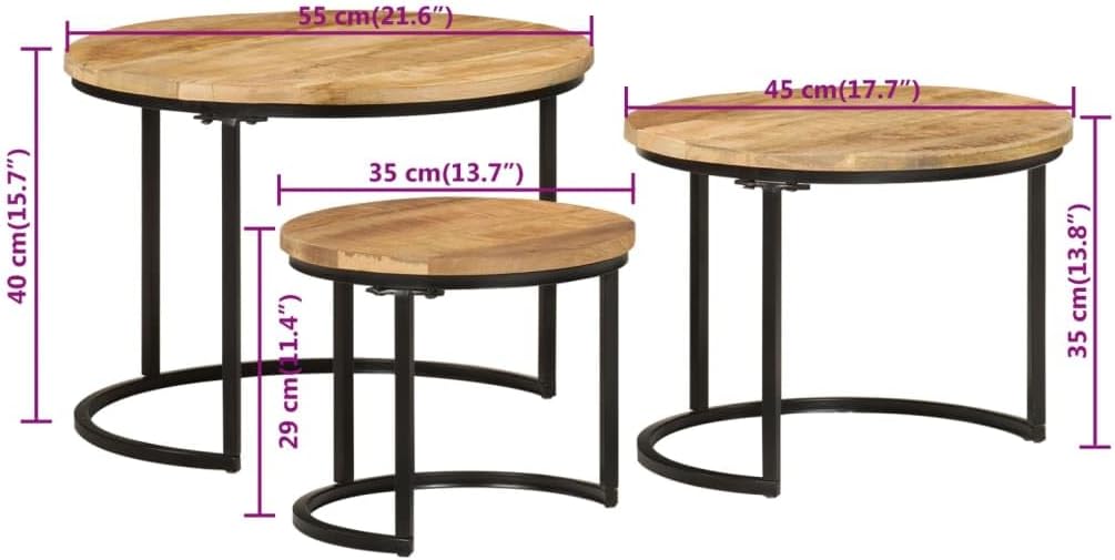 Nesting Tables 3 pcs Solid Mango Wood | Space Saving, Sturdy Tabletop, Versatile for Bedroom, Living Room, Office
