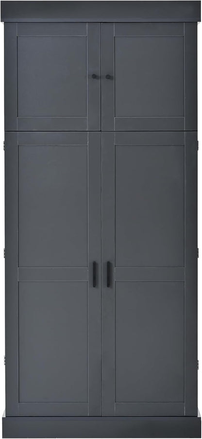 77'' Tall Freestanding Kitchen Pantry, Modern Cupboard Storage with Adjustable Shelves,Door Shelves, Drawers and Wine Racks,for Dining Living Room (Grey-A)