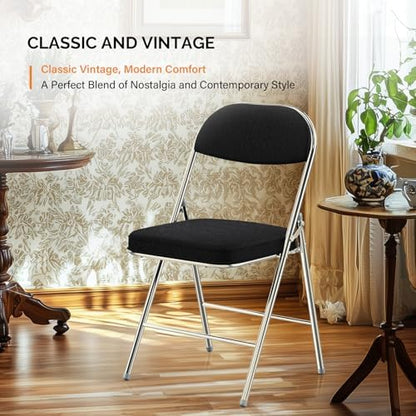 VINGLI Folding Chairs with Padded Seat & Backrest, Metal Frame, Durable Corduroy Fabric, 350 lbs Capacity, Set of 1, Black – Ideal for Weddings, Parties, Office Events