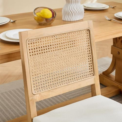 French Dining Chairs Set of 6,Farmhouse Upholstered Linen Chairs with Rattan Square Backrest,Solid Wood Legs,for Living Room,Kitchen,Restaurant,Beige